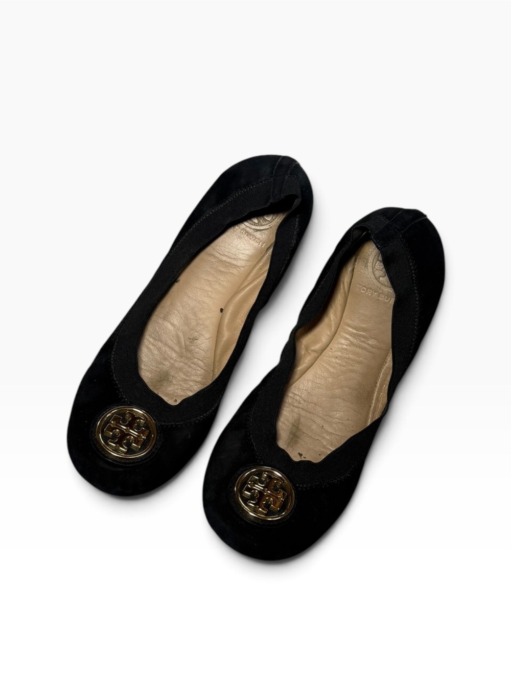 Tory Burch Black Suede Ballet Flats with Gold Logo